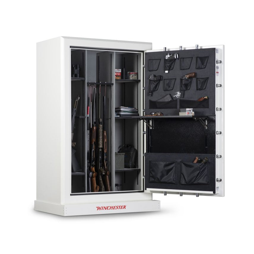 Winchester Big Daddy XLT Heritage White loaded with long guns in GunStiXX vertical storage and a stocked door organizer