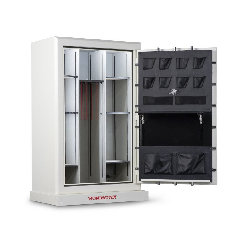 Winchester Big Daddy XLT Heritage White open, showing the interior, GunStiXX vertical storage, and door organizer