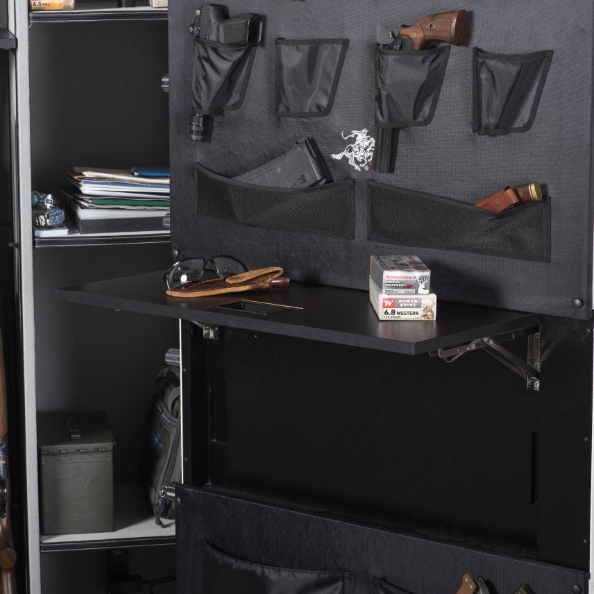 Close-up of the Winchester Big Daddy XLT retractable Utility Shelf with Winchester ammo, knife, and glasses on the shelf
