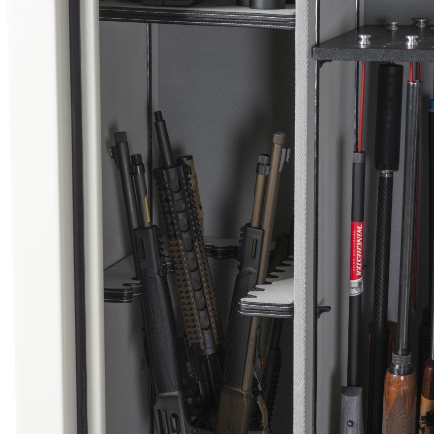 Winchester Big Daddy XLT Heritage White interior side compartment with tactical rifles and AR-style long guns in barrel racks