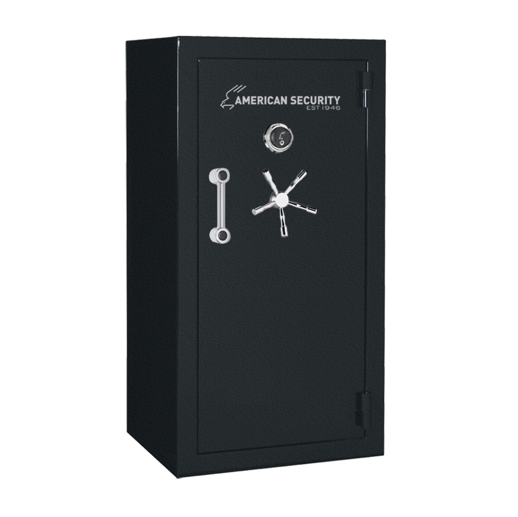 AMSEC BFX6030 gun safe in charcoal gray textured finish with chrome 5-spoke handle and mechanical dial lock.