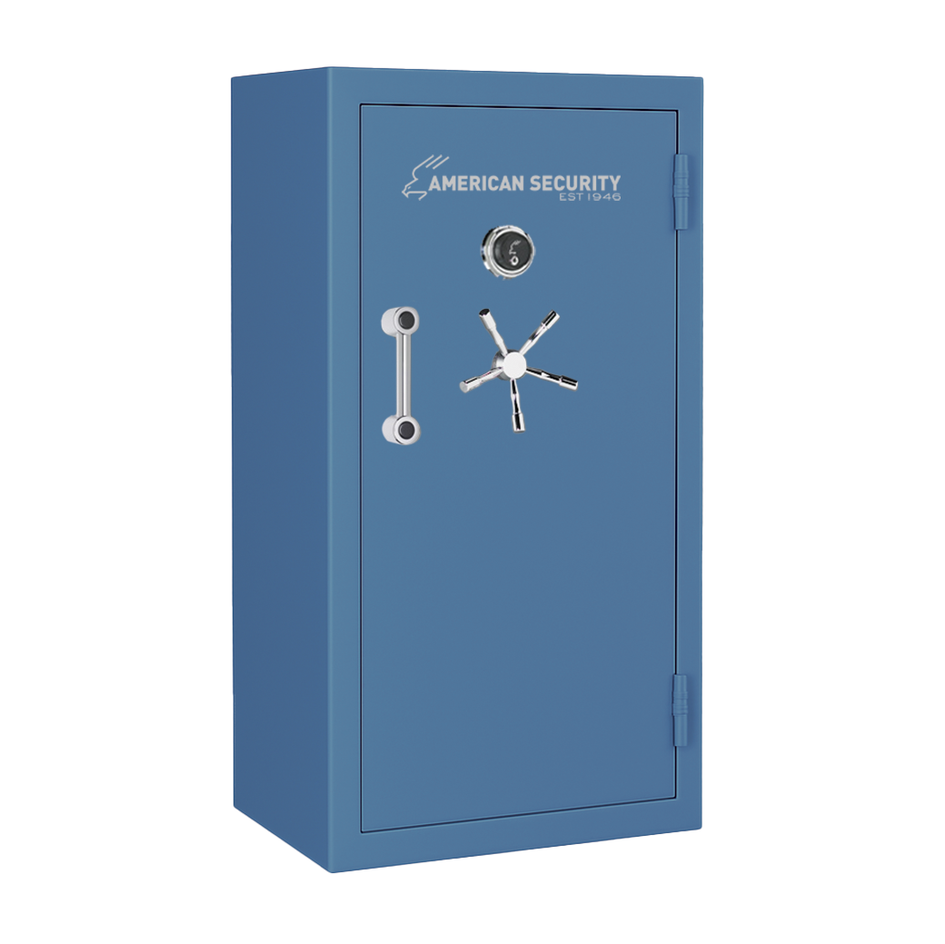 AMSEC BFX6030 gun safe in Thermal Blue finish with chrome 5-spoke handle and mechanical dial lock.