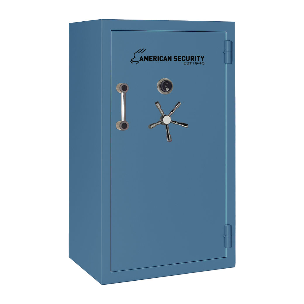 AMSEC BFX6636 gun safe in Thermal Blue finish with chrome 5-spoke handle and mechanical dial lock.