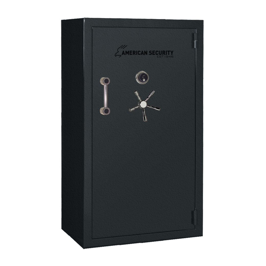 AMSEC BFX7240 gun safe in charcoal gray textured finish with chrome 5-spoke handle and mechanical dial lock.
