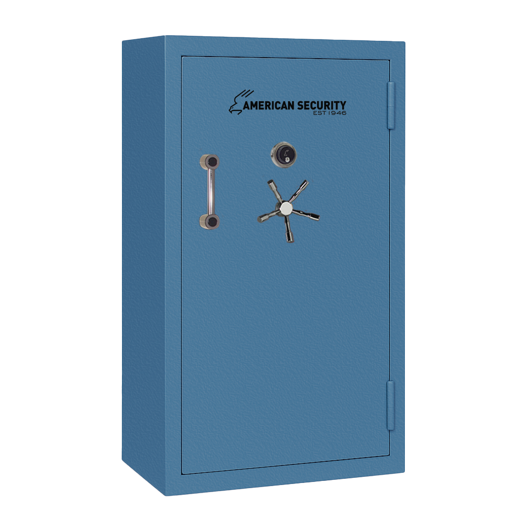 AMSEC BFX7240 gun safe in spa blue textured finish with chrome 5-spoke handle and mechanical dial lock.