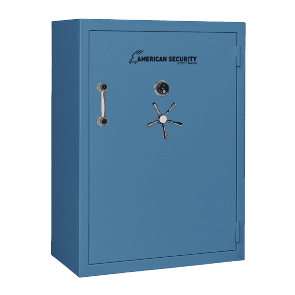 AMSEC BFX7250 gun safe in Thermal Blue finish with chrome 5-spoke handle and mechanical dial lock.