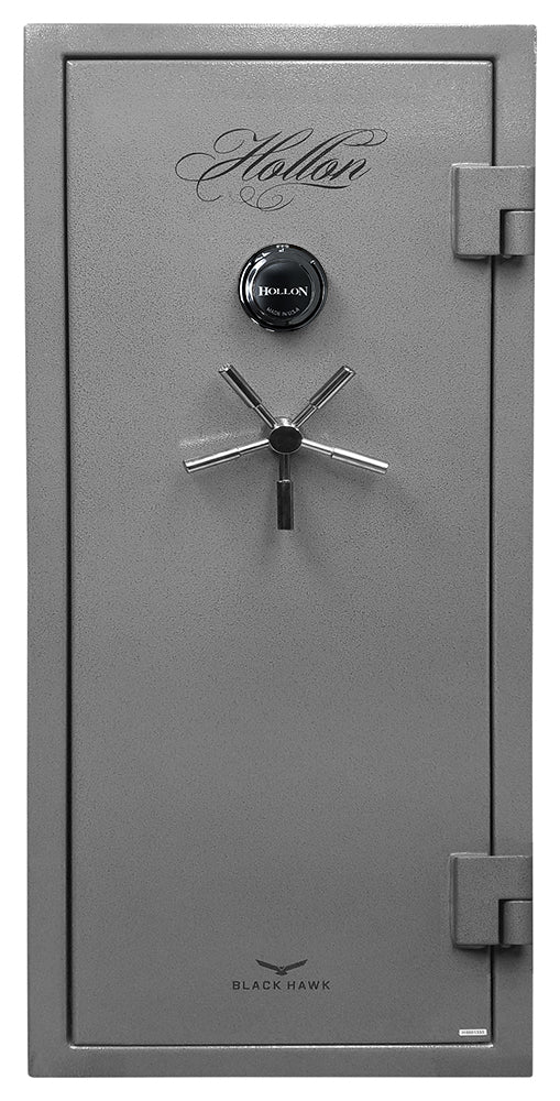 Hollon BHS-16C Black Hawk gun safe in gray textured finish with mechanical combination dial and black chrome 5-spoke handle