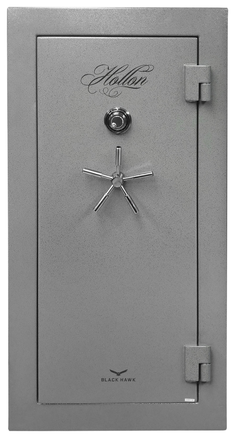 Hollon BHS-22C Black Hawk gun safe in gray textured finish with mechanical combination dial and black chrome 5-spoke handle