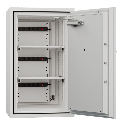 Metal cabinet with open door showing internal components on a white background