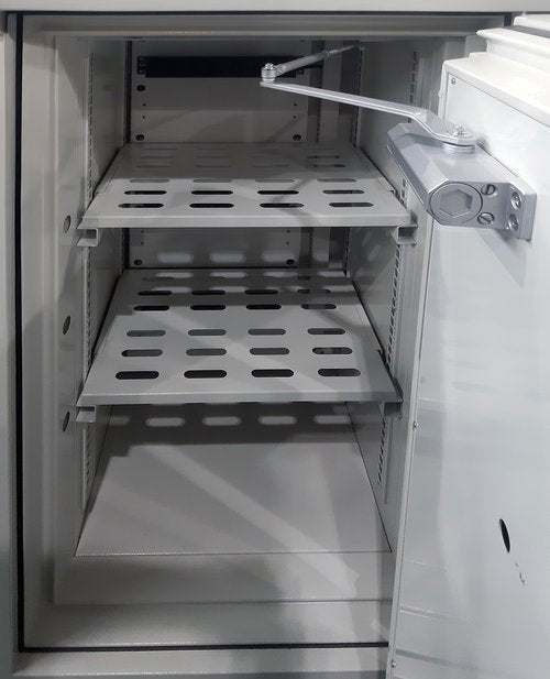 Metal shelving unit with open doors showing internal shelves