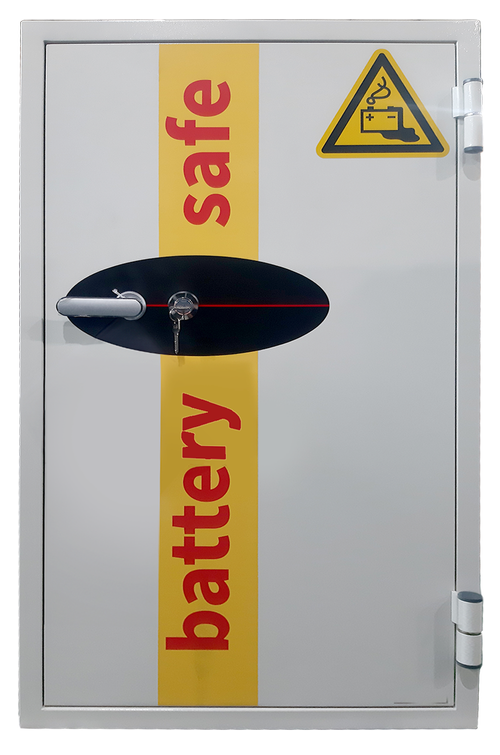 Metal battery safe with 'safe battery' text and warning symbol on a white background