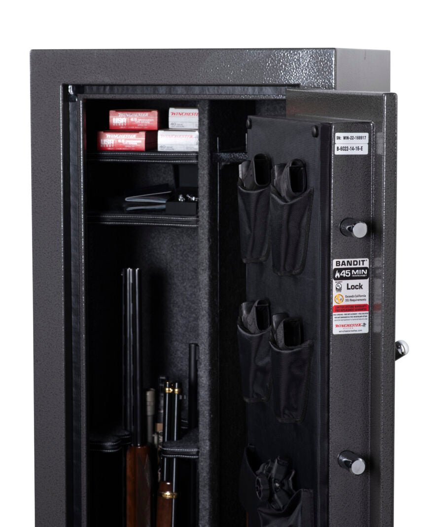 Winchester Bandit 14 interior close-up with rifles and shotguns on GunStiXX plus a locked pistol case on the top shelf