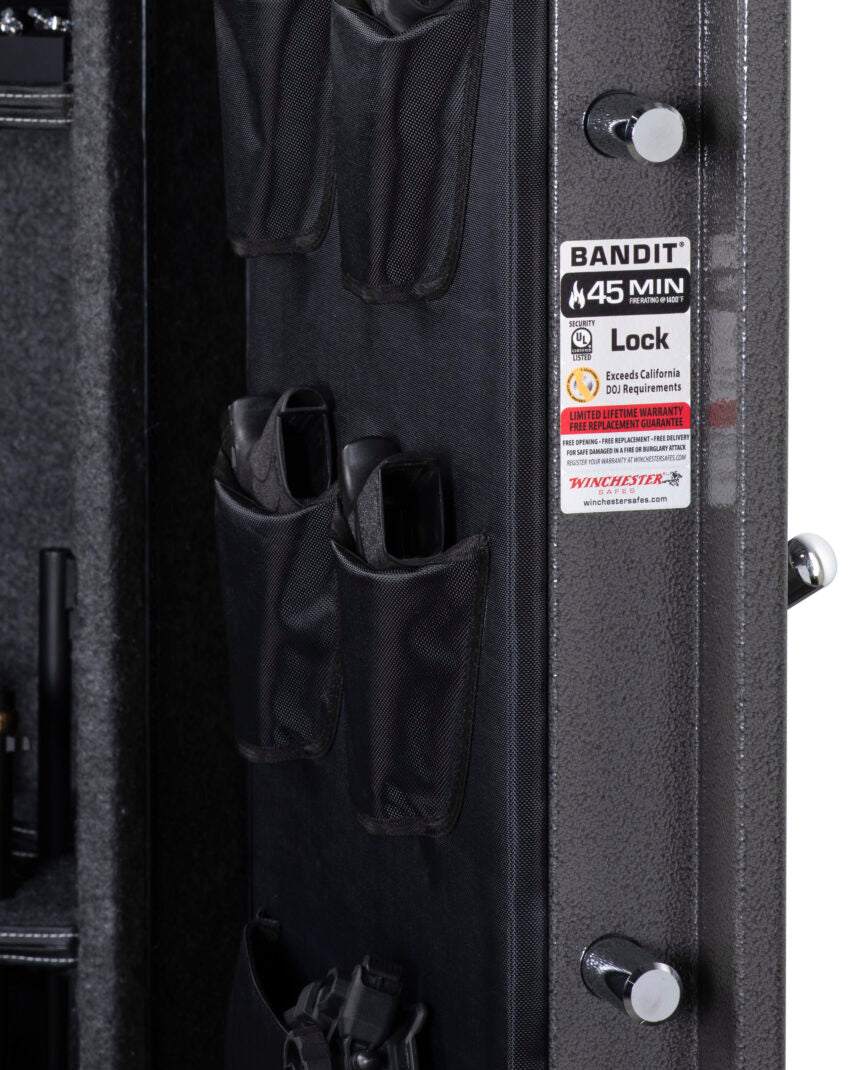 Winchester Bandit 14 gun safe door open at angle showing GunStiXX-organized long guns and pistol door pocket layout