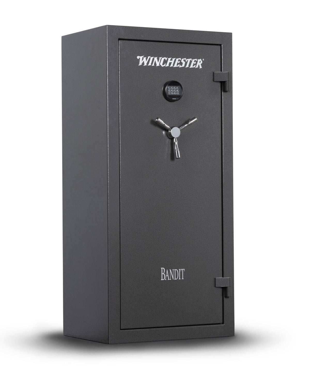 Winchester Bandit 19 gun safe in slate powder coat with 3-spoke chrome handle, SECURAM keypad, and BANDIT door badge