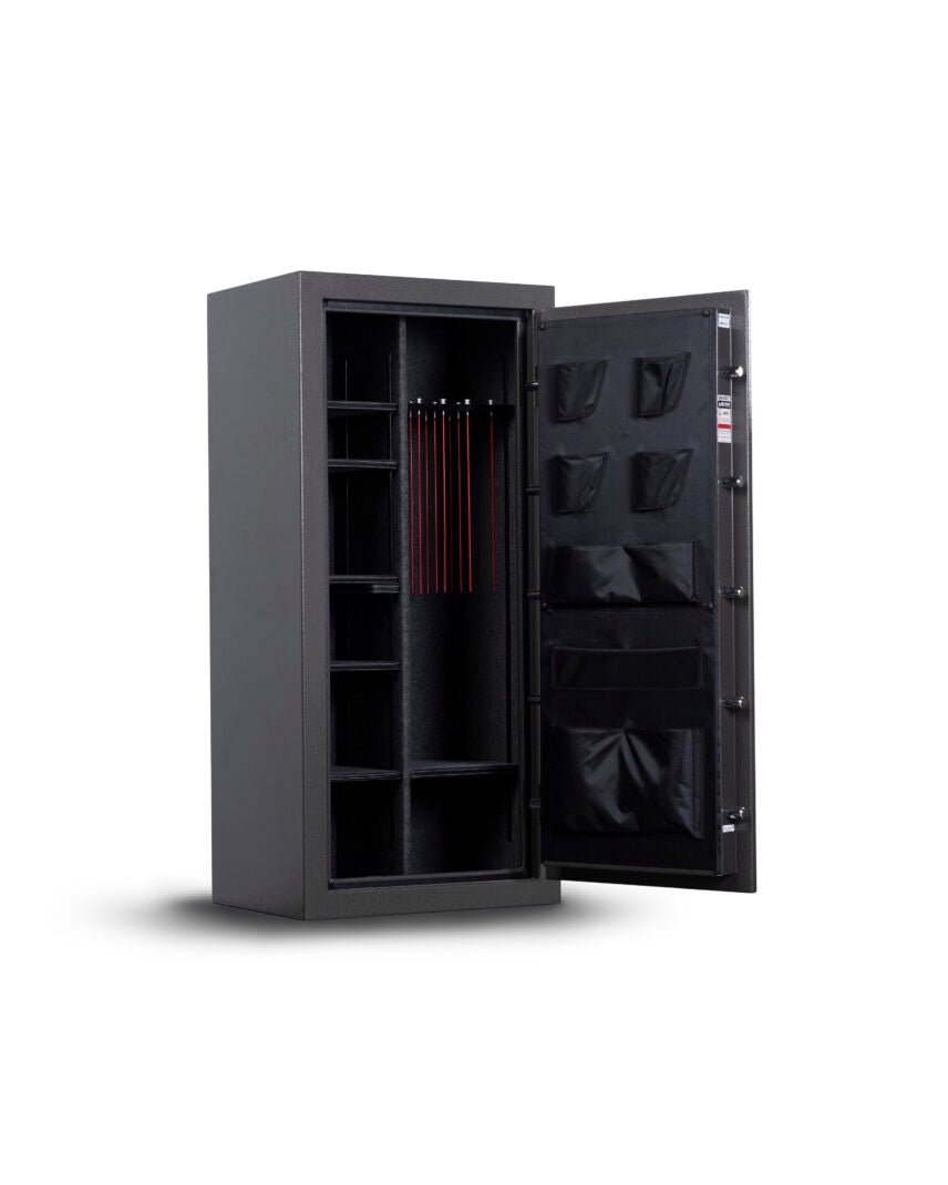 Winchester Bandit 19 door open showing empty interior with adjustable shelves, door panel organizer, and 45-minute fire label