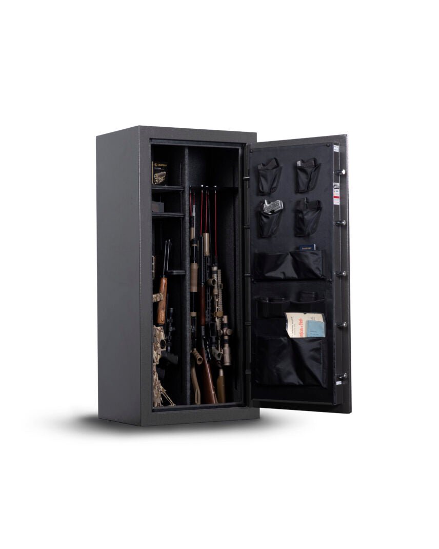 Winchester Bandit 19 interior loaded with long guns on GunStiXX, door panel organizer with pistol holders, and ammo on shelves