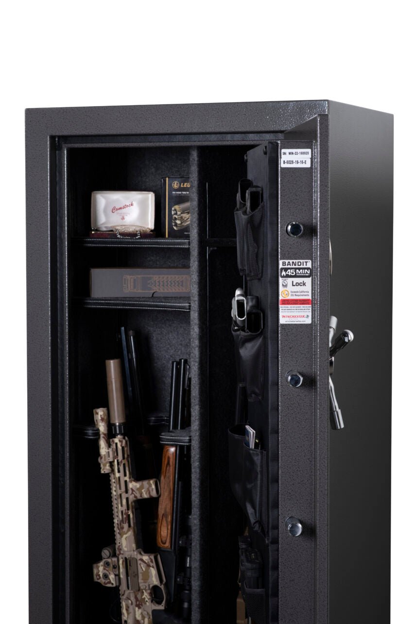 Winchester Bandit 19 angled view showing five 1-inch locking bolts on open door edge and loaded interior with GunStiXX