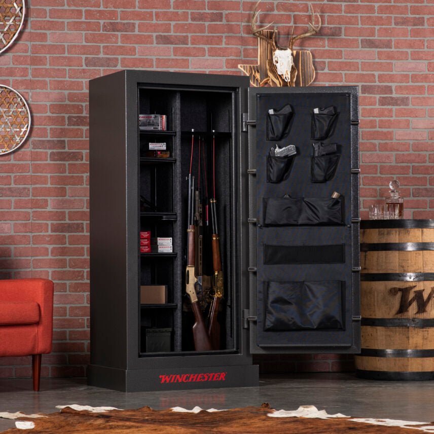 Winchester Bandit 19 open and loaded in a styled den showing adjustable shelving, long guns, and door panel organizer