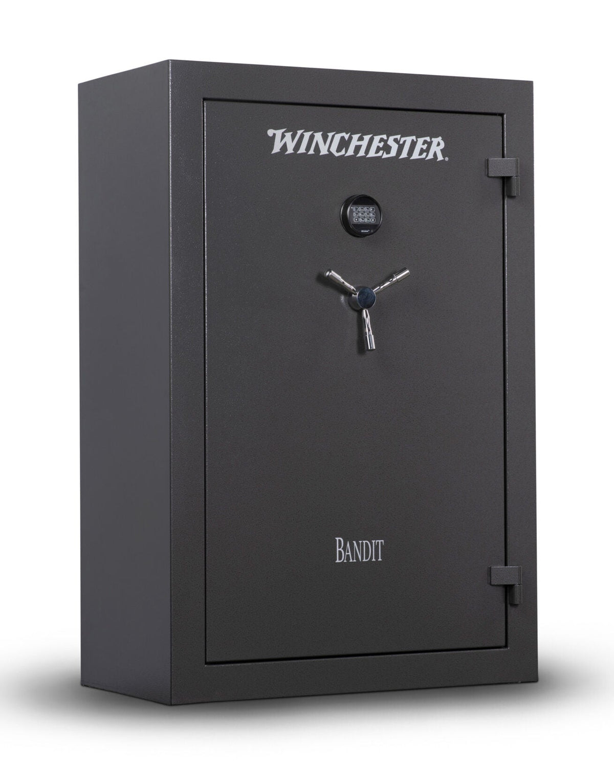 Winchester Bandit 31 gun safe in slate powder coat with 3-spoke chrome handle, SECURAM keypad, and BANDIT door badge