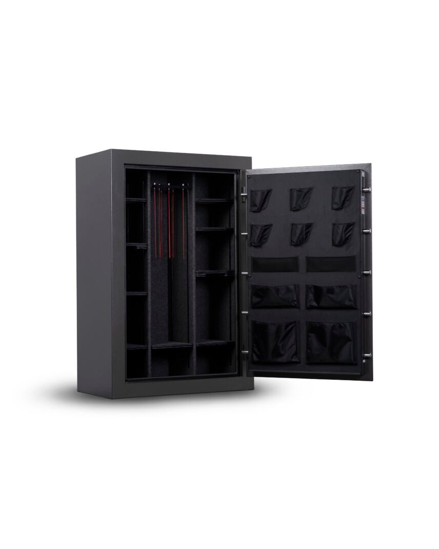 Winchester Bandit 31 door open showing empty interior with GunStiXX rack, adjustable shelves, and door panel organizer