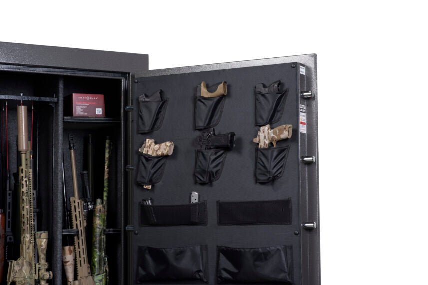 Winchester Bandit 31 door panel organizer with six pistol holsters holding handguns and magazine pouches below
