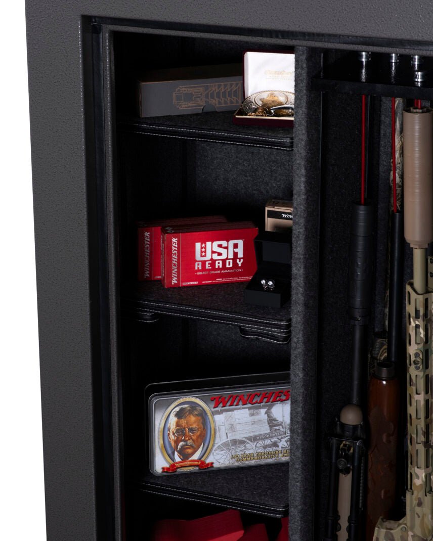 Winchester Bandit 31 adjustable shelf detail with Winchester USA Ready ammo, vintage tin, and valuables beside long guns
