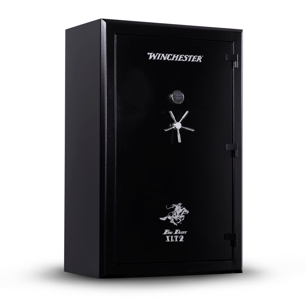 Winchester Big Daddy XLT Black closed, all-black textured body with silver Winchester logo, chrome keypad, and 5-spoke handle