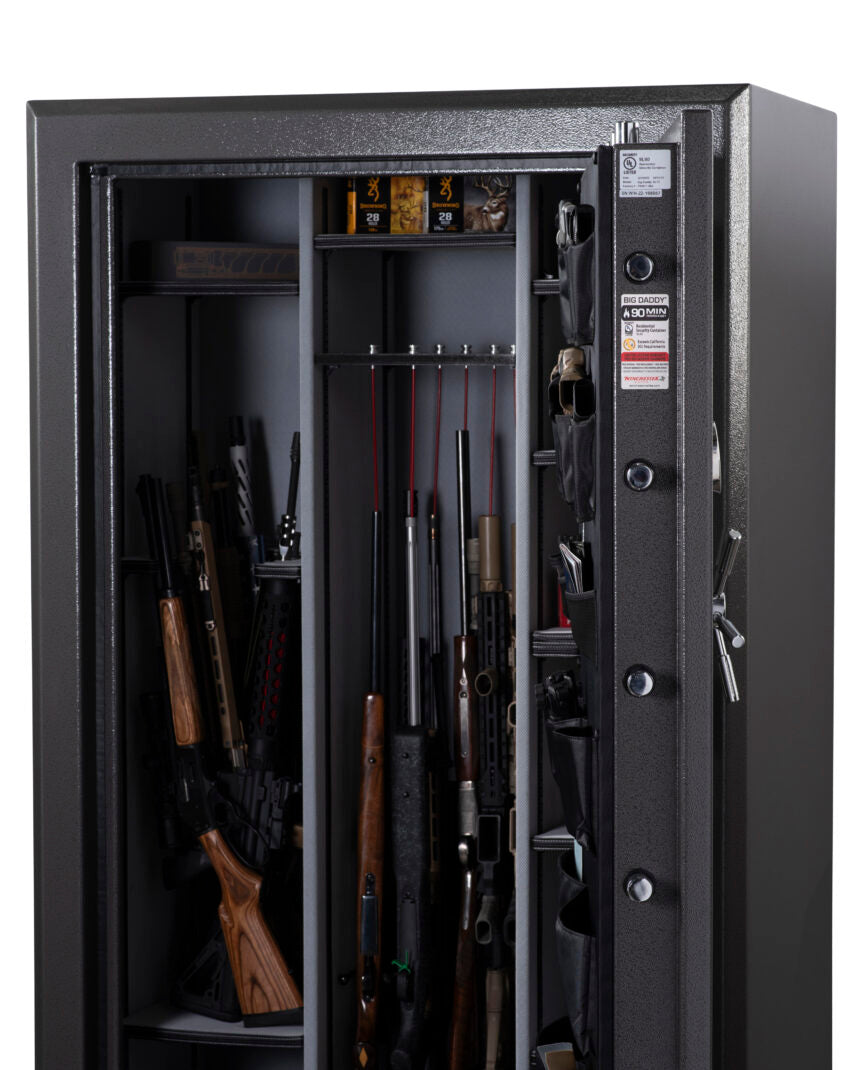 Winchester Big Daddy XLT Slate loaded with rifles and shotguns in GunStiXX vertical storage and a stocked door organizer