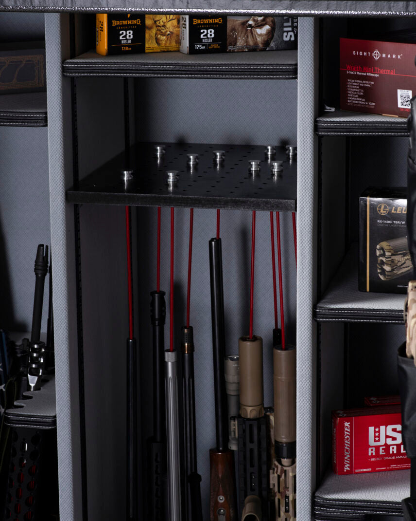 Close-up of the Winchester Big Daddy XLT GunStiXX vertical storage with Browning ammo and optics on adjacent shelves