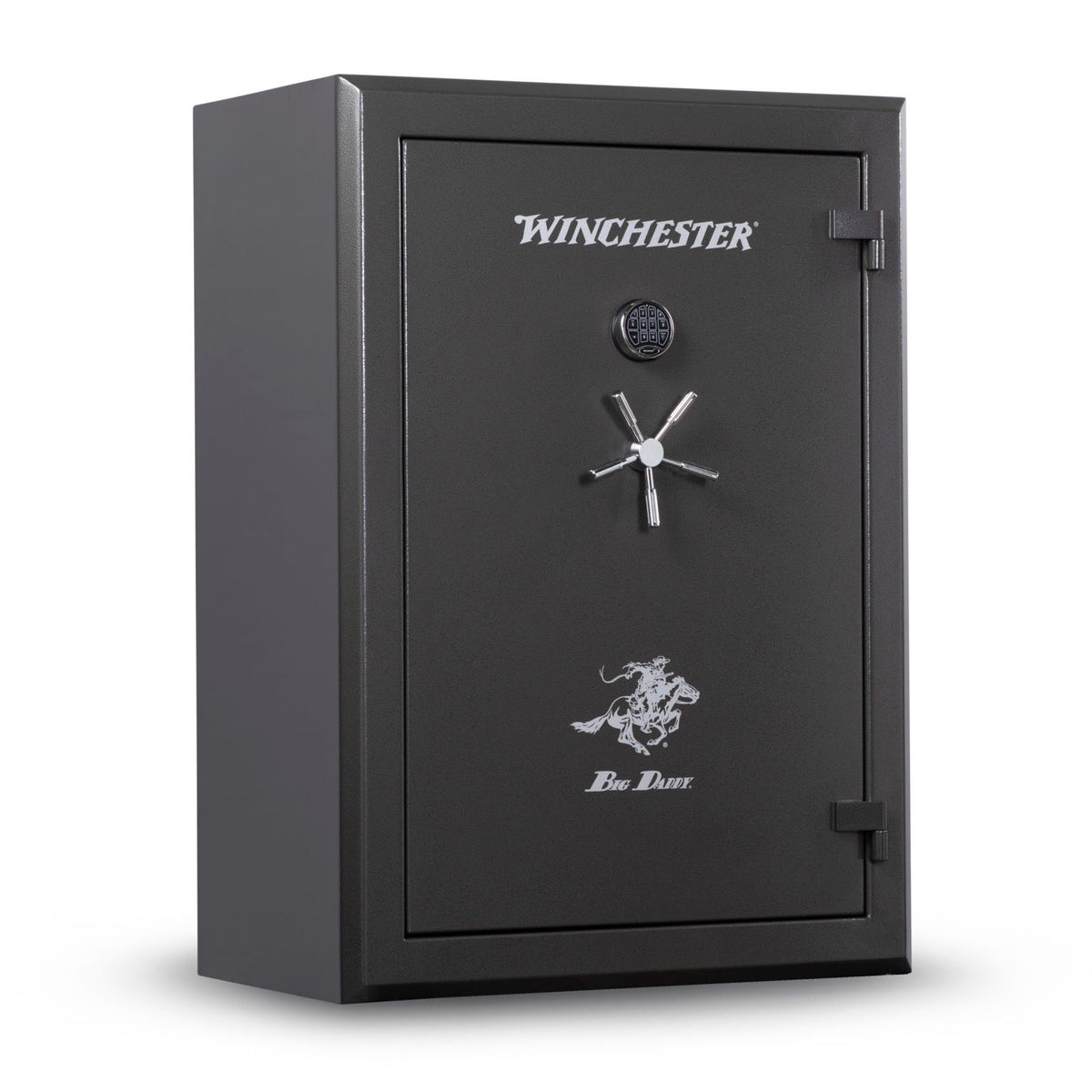 Winchester Big Daddy Slate closed, slate-gray body with silver Winchester logo, chrome keypad, and 5-spoke chrome handle