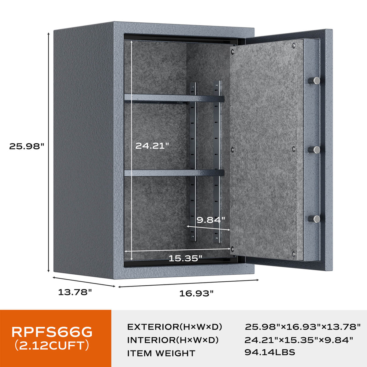 RPNB RPFS66G Grey Large Biometric Fireproof Safe with Touch Screen Keypad Specifications