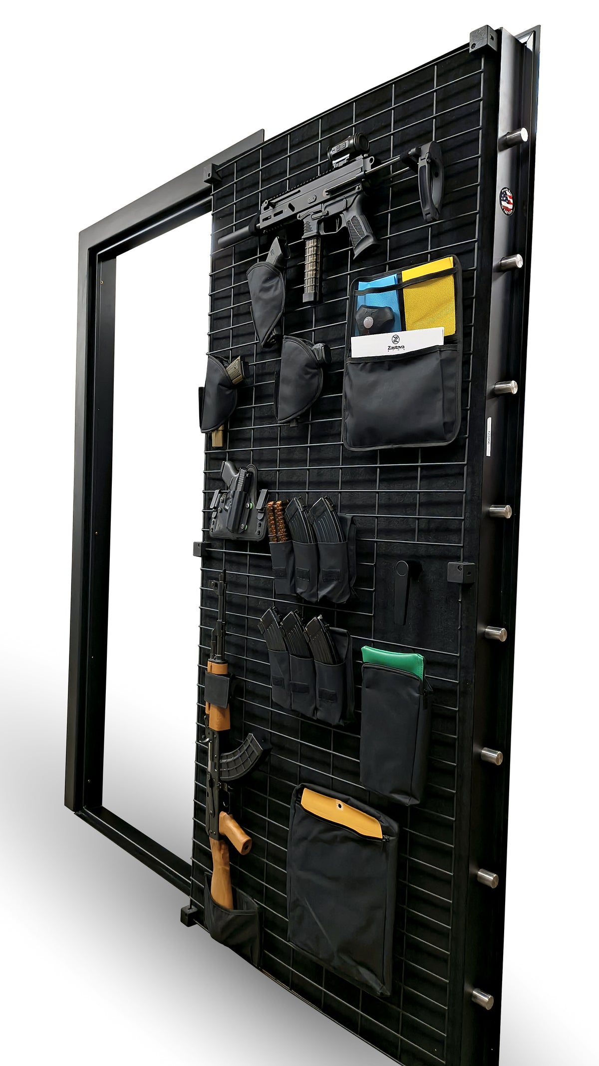 Wall-mounted tool organizer with various tools and pouches on a white background