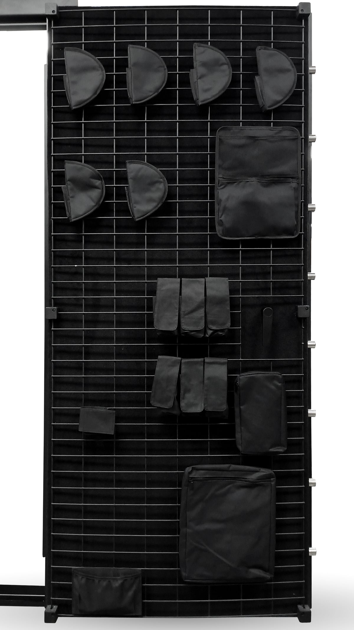 Black door organizer with various black bags on a white background