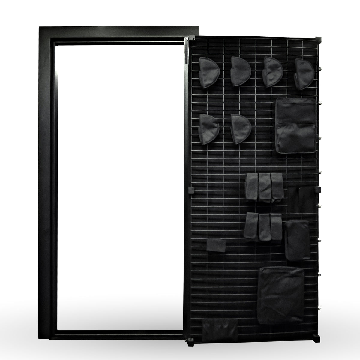 Black grid shelving unit with hanging pouches on a white background