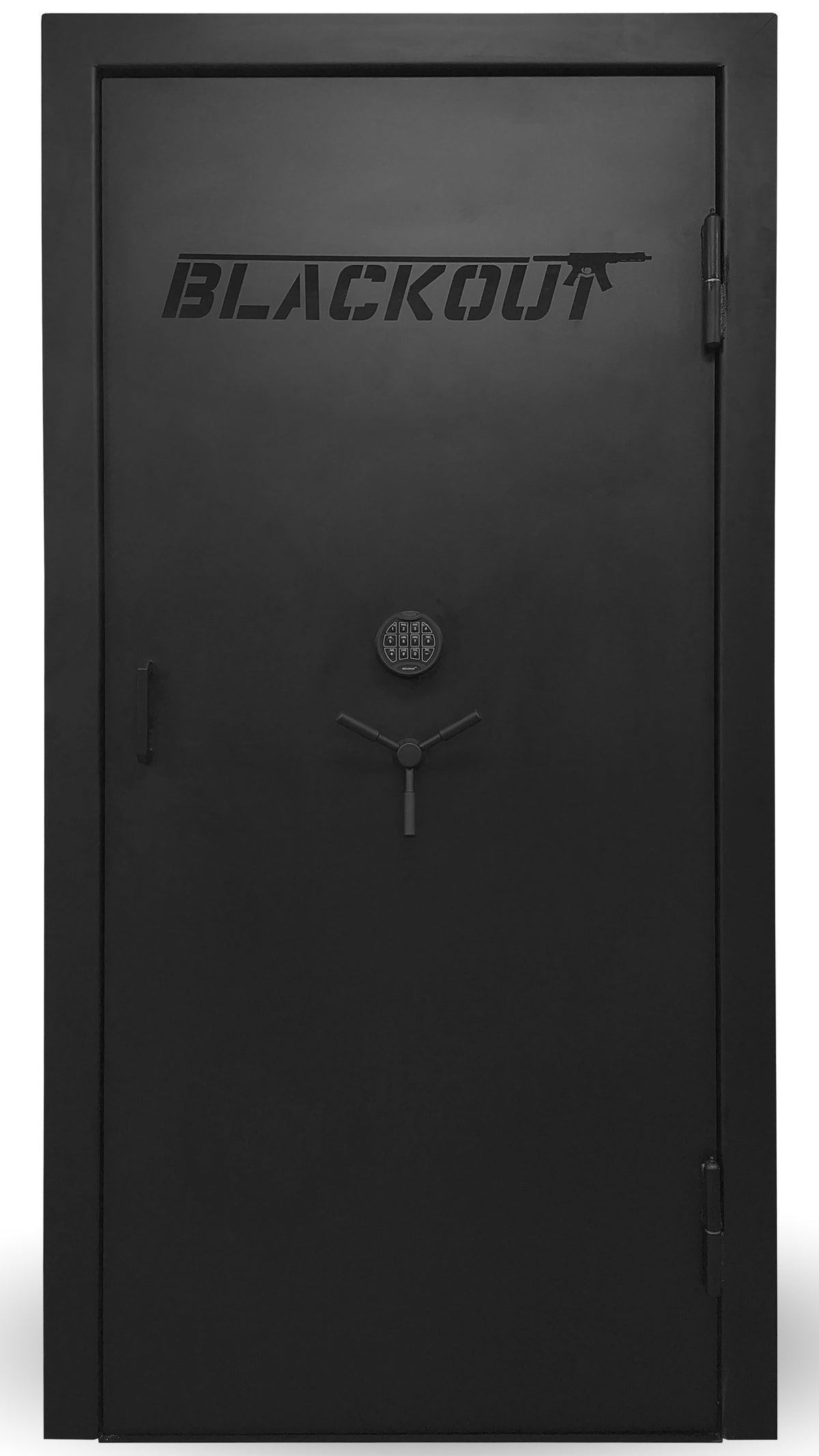 Black vault door with 'BLACKOUT' branding on a white background