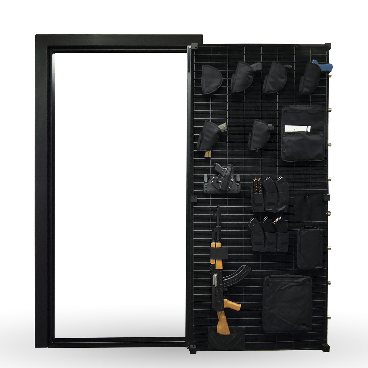 Black vault door panel with various firearms and equipment on a white background