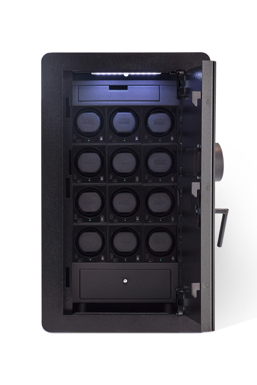 Blum Safe 3.0 wall safe open showing twelve watch winders and a jewelry drawer with interior lighting