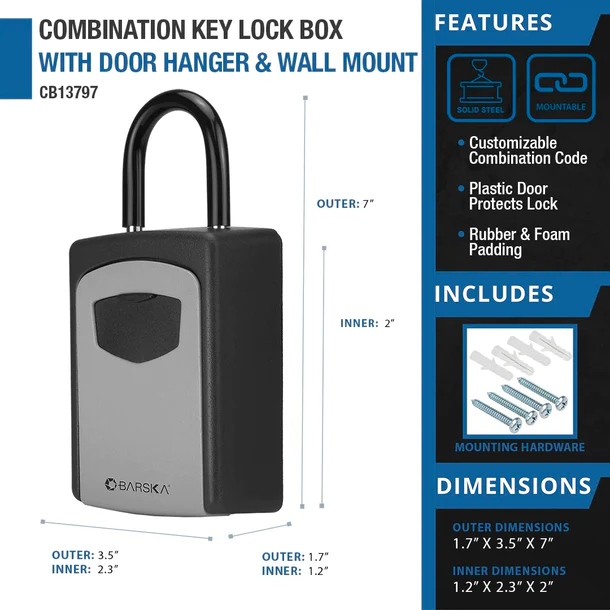 Barska CB13797 Combination Key Lock Box with Door Hanger and Wall Mount Features