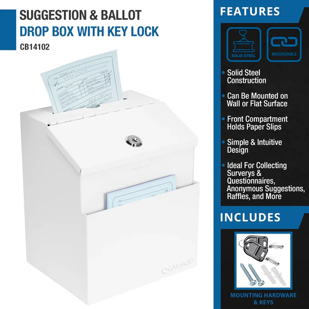 Barska CB14102 Suggestion/Ballot Box with Key Lock and Slot, White Suggestion & Ballet