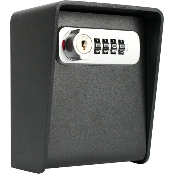 Barska CB14206 wall-mounted key lock box in black with silver combination and key lock plate, 4-digit dial combination, and integrated weather hood, upper front angled view