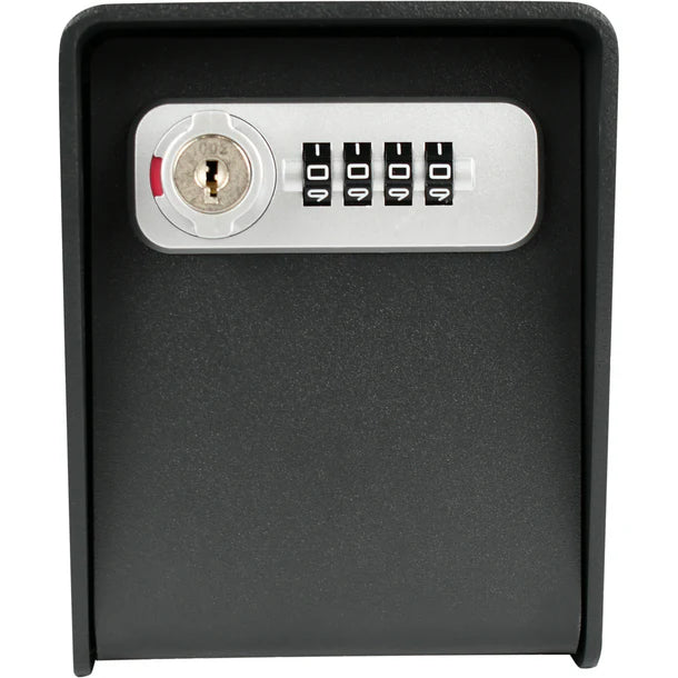Barska CB14206 wall-mounted key lock box in black with silver combination and key lock plate, 4-digit dial combination, and keyhole on the left, front view