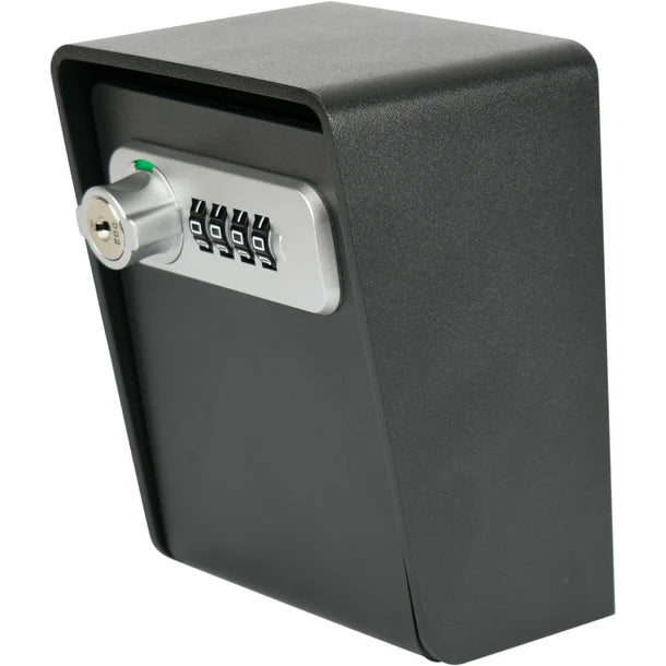 Barska CB14206 wall-mounted key lock box in black shown from the right side, showing box depth, integrated weather hood over the lock, and silver combination and key lock plate