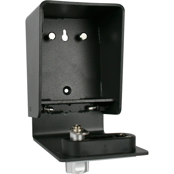 Barska CB14206 wall-mounted key lock box in black with door open showing empty interior compartment, two upper mounting screw holes and center keyhole slot on the back panel for wall installation, and internal lock mechanism at the bottom