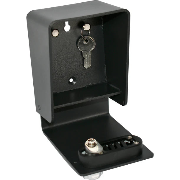 Barska CB14206 wall-mounted key lock box in black with door open showing a set of house keys hanging on the interior hook and the internal lock mechanism at the bottom