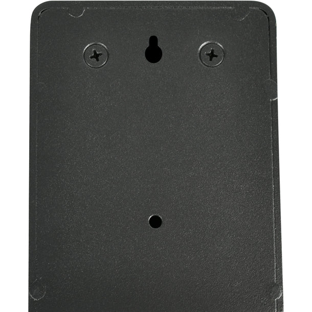 Barska CB14206 wall-mounted key lock box back panel closeup showing pre-drilled mounting holes with installed screws and center keyhole slot for wall mounting