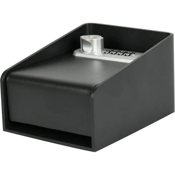 Barska CB14206 wall-mounted key lock box in black shown from a top-down angle, showing the integrated weather hood at the front and the silver combination and key lock plate at the back