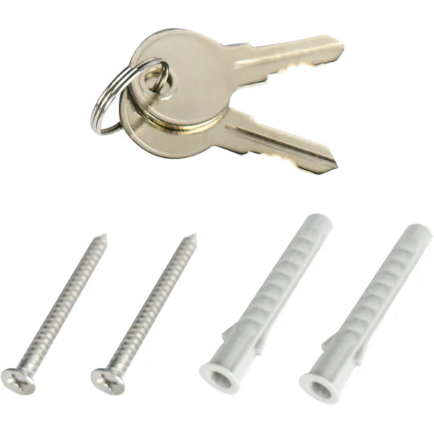 Barska CB14206 wall-mounted key lock box included accessories: two silver backup keys on a keyring, two metal mounting screws, and two plastic wall anchors"