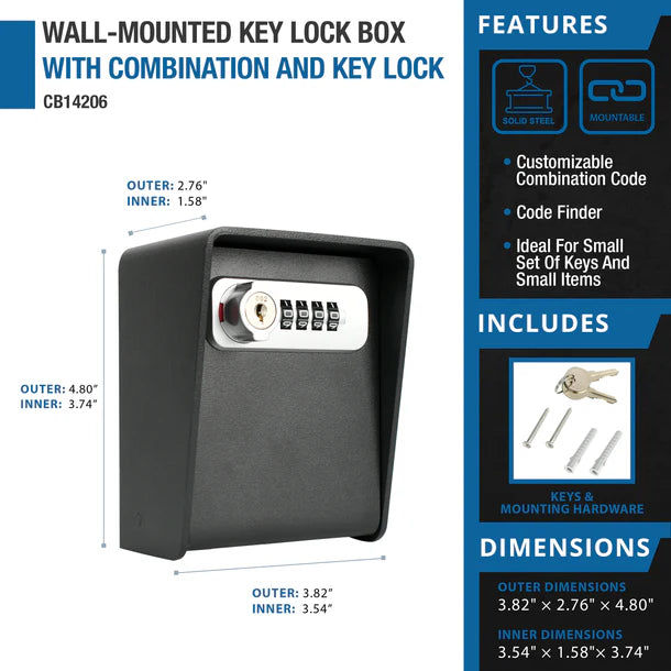 Barska CB14206 wall-mounted key lock box specifications diagram showing outer dimensions of 4.80 by 3.82 by 2.76 inches, inner dimensions of 3.74 by 3.54 by 1.58 inches, solid steel construction, mountable design, customizable combination code, code finder feature, and included keys and mounting hardware