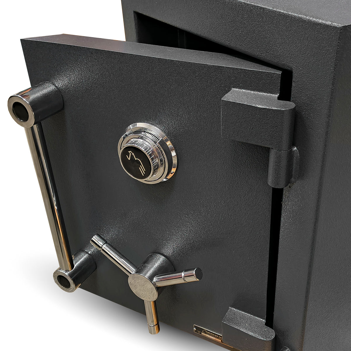 AMSEC American Security AMVAULT CF1814 TL30 high security composite burglar fire rated safe black front right open close up.