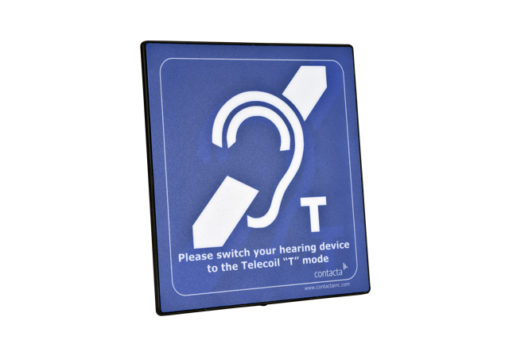 Contacta IL-AE97 hearing loop aerial and ADA Telecoil T mode sign shown on a countertop stand